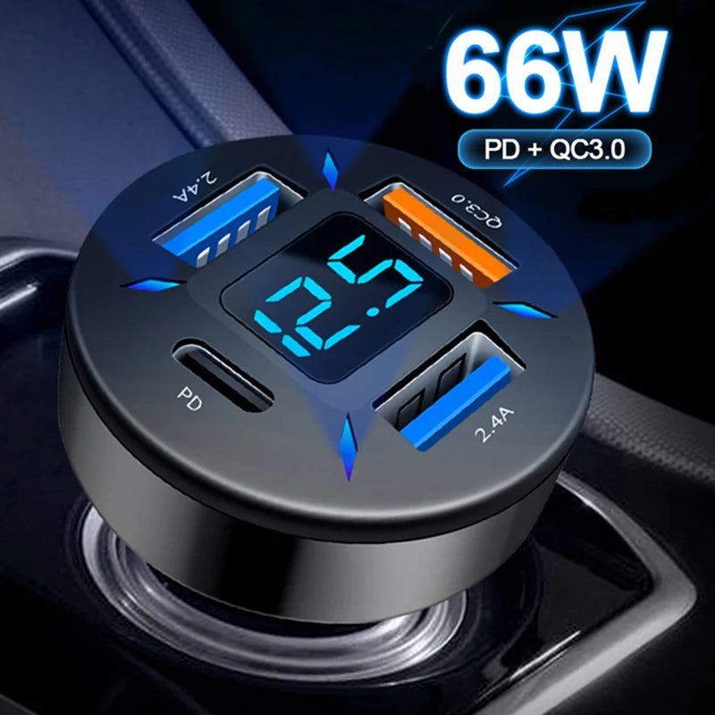 USB Car Charger Fast Charging 66W 4 Ports PD+QC3.0 Fast Charging Car Adapter Cigarette Lighter Socket Splitter for Iphone Xiaomi