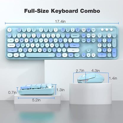 Wireless Keyboard and Mouse Combo, Blue Retro Wireless Keyboard with round Keycaps, 2.4Ghz Dropout-Free Connection, Cute Wireless Mouse, Compatible with Pc/Laptop/Mac/Windows XP/7/8/10 (Blue-Colorful)