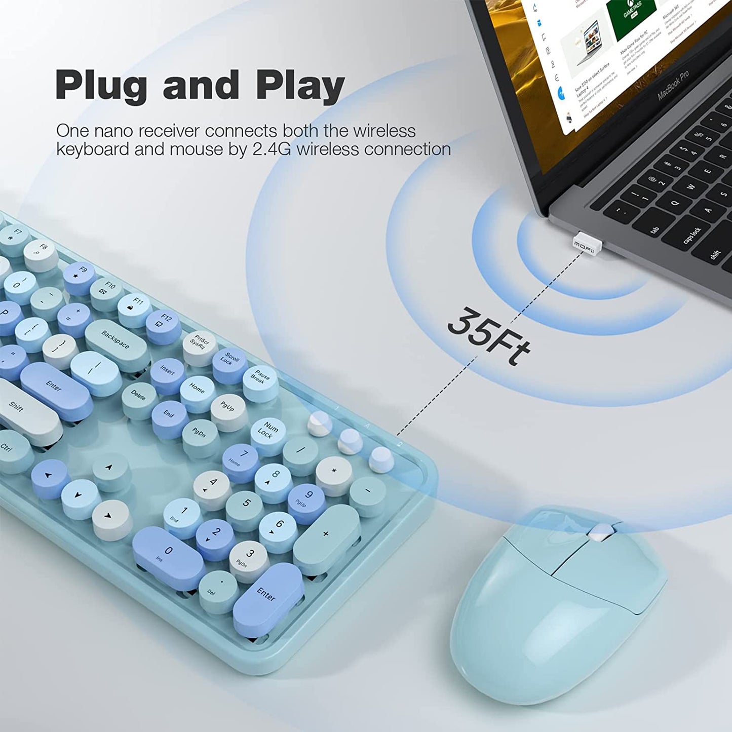 Wireless Keyboard and Mouse Combo, Blue Retro Wireless Keyboard with round Keycaps, 2.4Ghz Dropout-Free Connection, Cute Wireless Mouse, Compatible with Pc/Laptop/Mac/Windows XP/7/8/10 (Blue-Colorful)