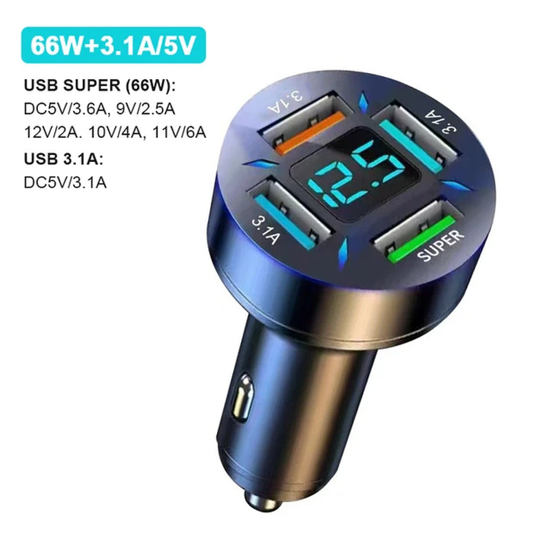 USB Car Charger Fast Charging 66W 4 Ports PD+QC3.0 Fast Charging Car Adapter Cigarette Lighter Socket Splitter for Iphone Xiaomi